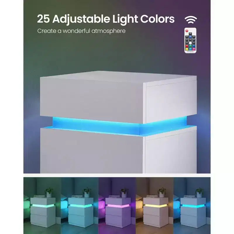 VASAGLE Comodino con luci LED, Colori della Luce Regolabili, Tavolino da Notte, Tavolino Laterale con 3 Cassetti, 35 x 40 x 55 cm