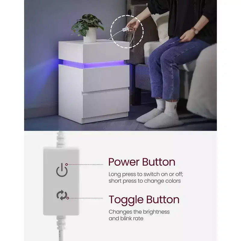 VASAGLE Comodino con luci LED, Colori della Luce Regolabili, Tavolino da Notte, Tavolino Laterale con 3 Cassetti, 35 x 40 x 55 cm