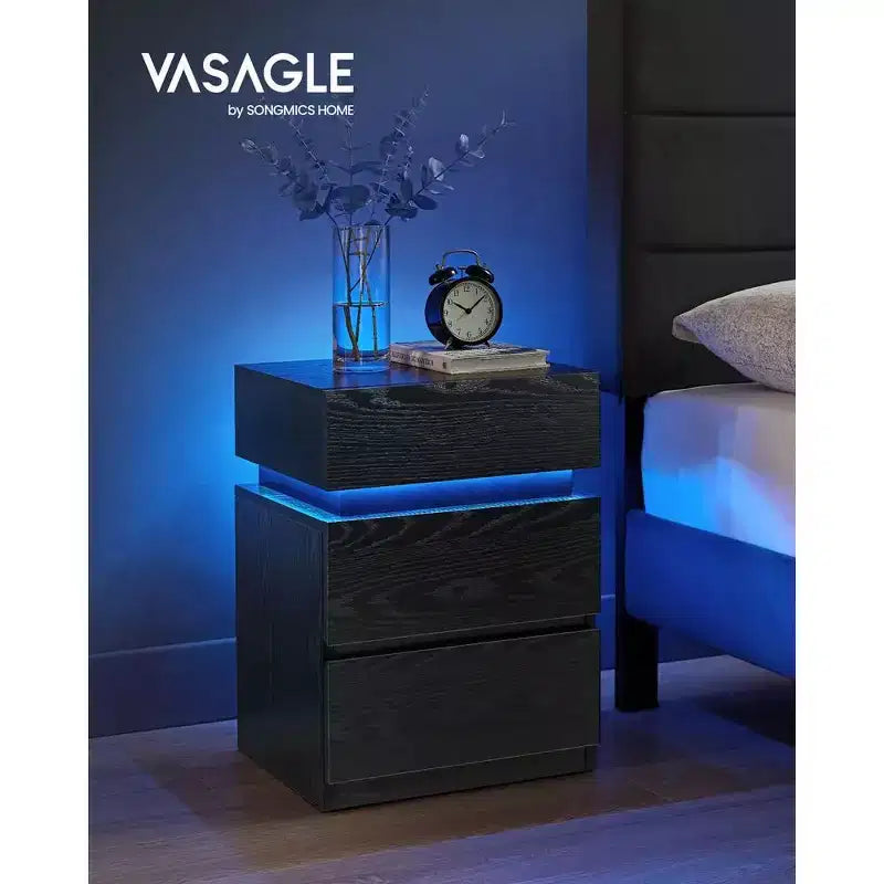 VASAGLE Comodino con luci LED, Colori della Luce Regolabili, Tavolino da Notte, Tavolino Laterale con 3 Cassetti, 35 x 40 x 55 cm