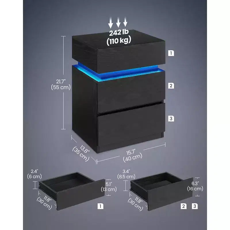 VASAGLE Comodino con luci LED, Colori della Luce Regolabili, Tavolino da Notte, Tavolino Laterale con 3 Cassetti, 35 x 40 x 55 cm