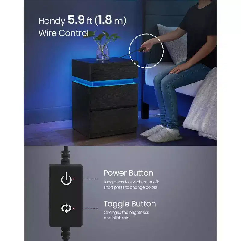 VASAGLE Comodino con luci LED, Colori della Luce Regolabili, Tavolino da Notte, Tavolino Laterale con 3 Cassetti, 35 x 40 x 55 cm