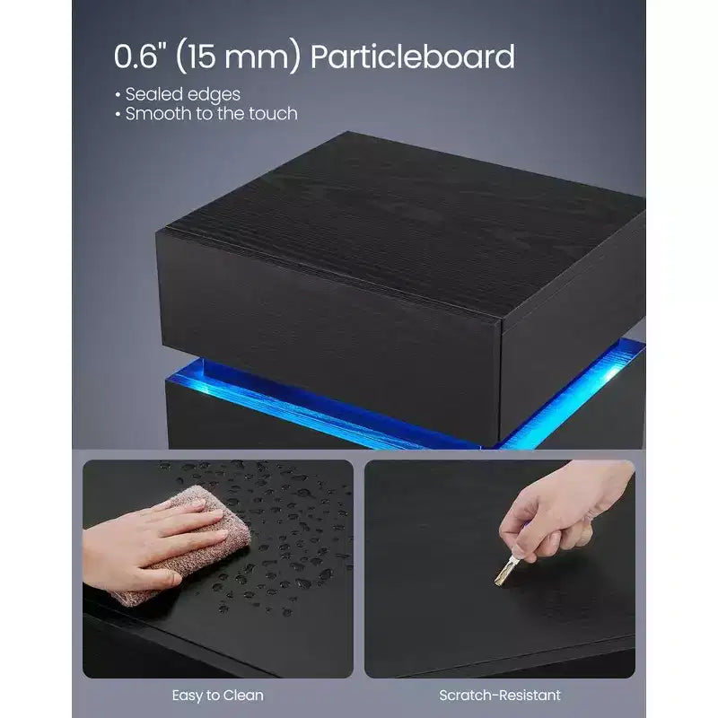VASAGLE Comodino con luci LED, Colori della Luce Regolabili, Tavolino da Notte, Tavolino Laterale con 3 Cassetti, 35 x 40 x 55 cm