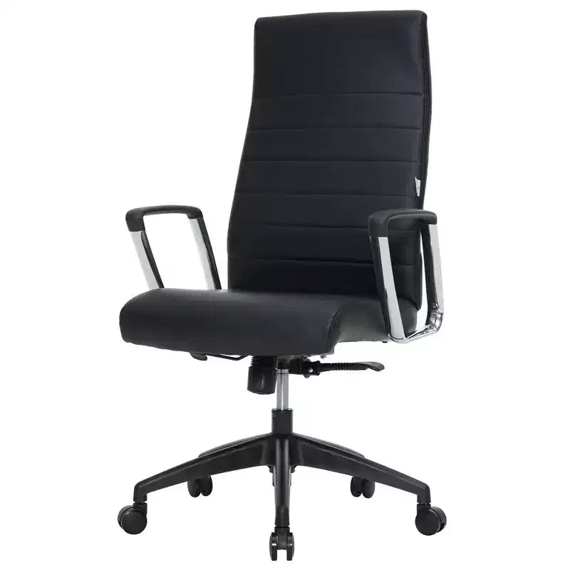 LeisureMod Hilton Sedia da Ufficio Ribbed in Pelle a Schienale Alto - Telaio in Acciaio Resistente Girevole e Inclinabile - Sedia da Scrivania Direzionale Moderna