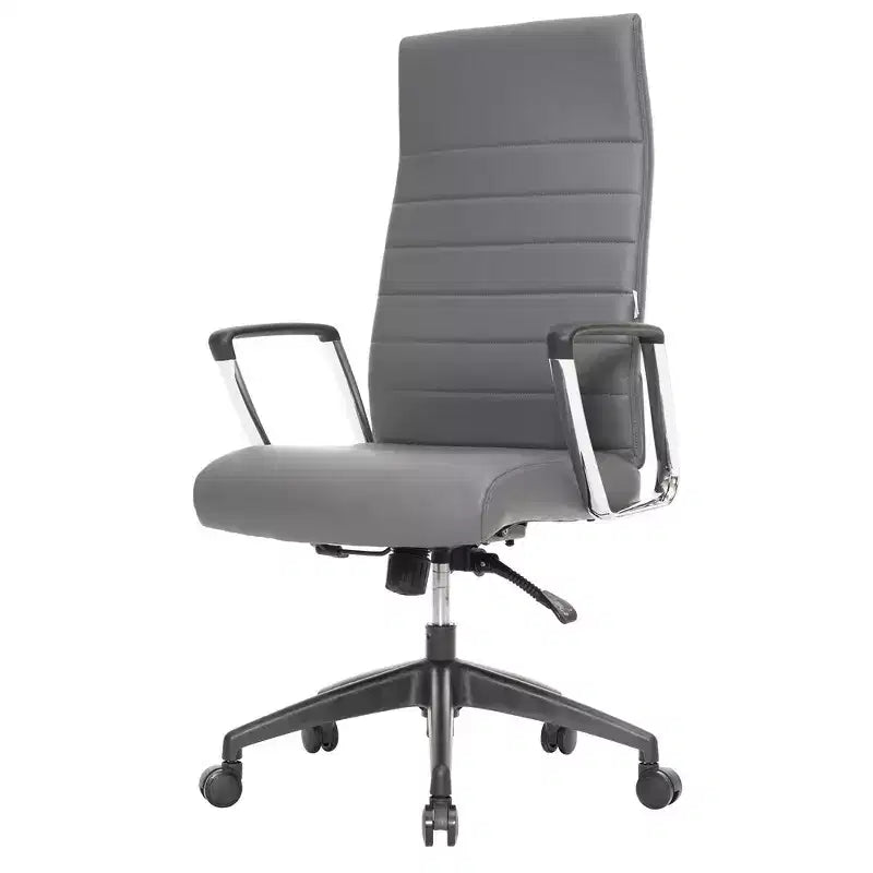 LeisureMod Hilton Sedia da Ufficio Ribbed in Pelle a Schienale Alto - Telaio in Acciaio Resistente Girevole e Inclinabile - Sedia da Scrivania Direzionale Moderna