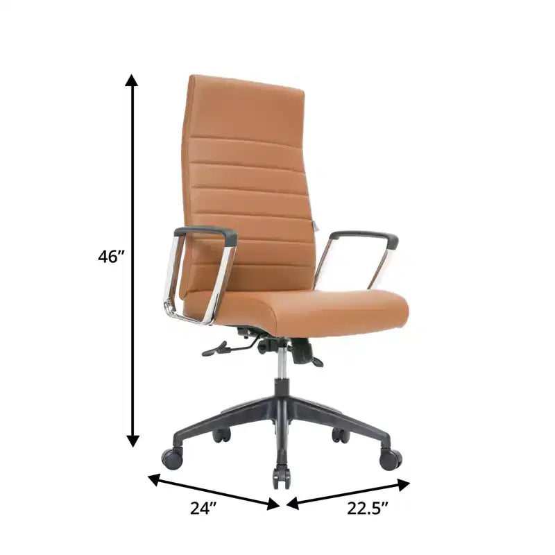 LeisureMod Hilton Sedia da Ufficio Ribbed in Pelle a Schienale Alto - Telaio in Acciaio Resistente Girevole e Inclinabile - Sedia da Scrivania Direzionale Moderna