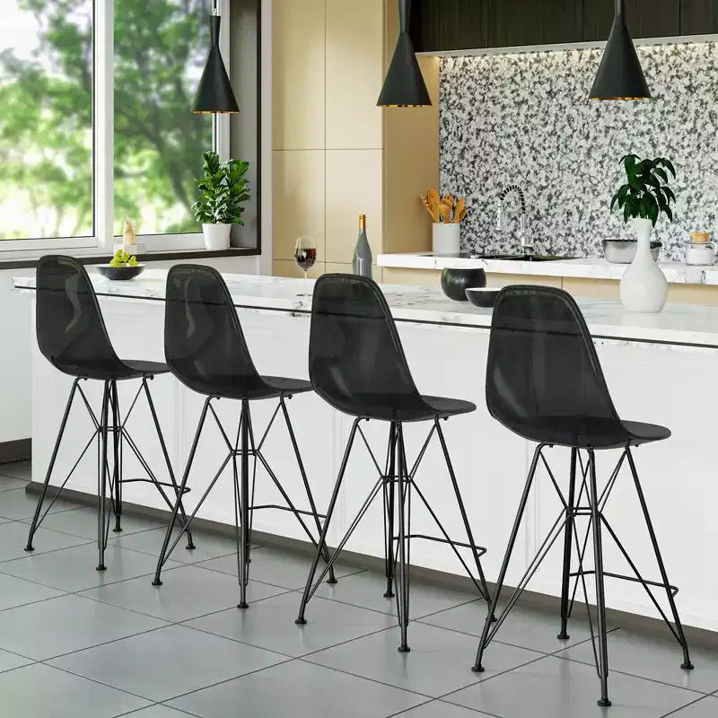 Sgabello da bar LeisureMod Cresco Mid-Century Modern in acrilico, altezza bancone, con base in acciaio nero, perfetto per cucina, sala da pranzo, bar o salotto