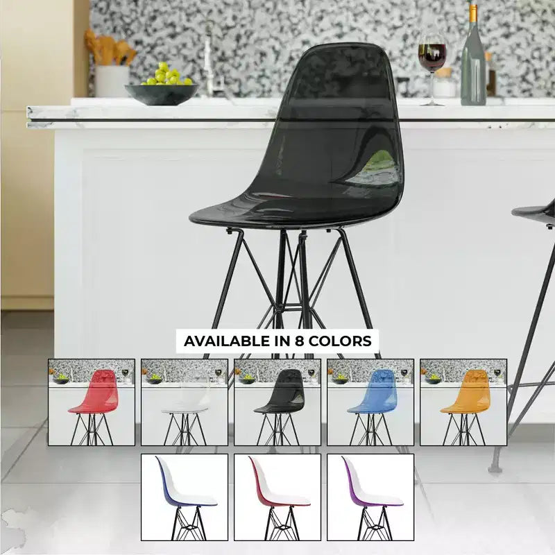 Sgabello da bar LeisureMod Cresco Mid-Century Modern in acrilico, altezza bancone, con base in acciaio nero, perfetto per cucina, sala da pranzo, bar o salotto