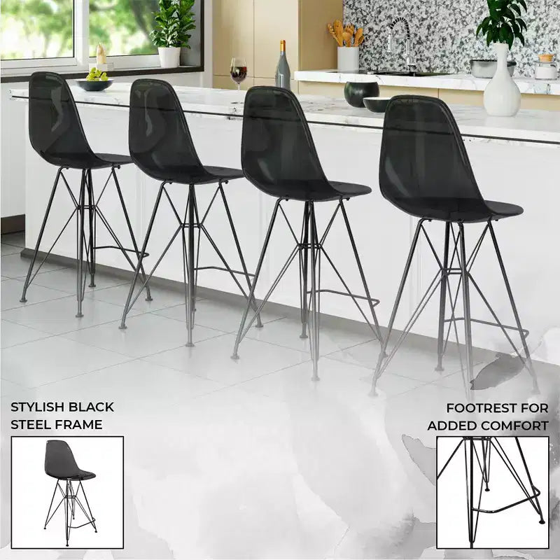 Sgabello da bar LeisureMod Cresco Mid-Century Modern in acrilico, altezza bancone, con base in acciaio nero, perfetto per cucina, sala da pranzo, bar o salotto