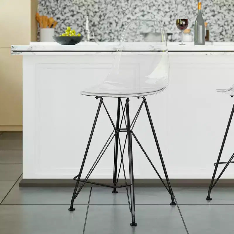 Sgabello da bar LeisureMod Cresco Mid-Century Modern in acrilico, altezza bancone, con base in acciaio nero, perfetto per cucina, sala da pranzo, bar o salotto
