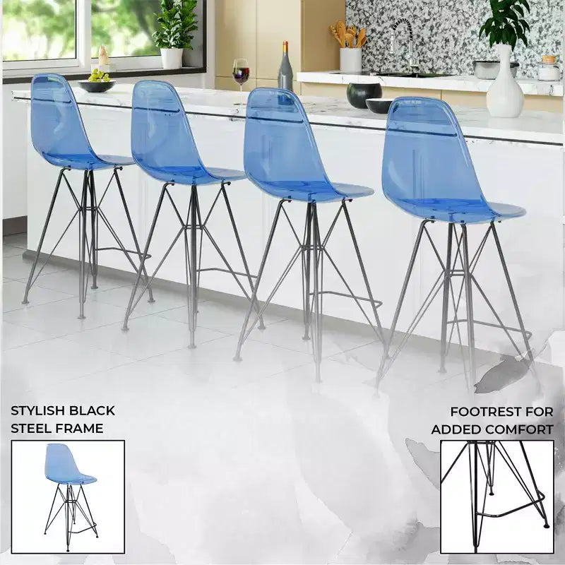 Sgabello da bar LeisureMod Cresco Mid-Century Modern in acrilico, altezza bancone, con base in acciaio nero, perfetto per cucina, sala da pranzo, bar o salotto