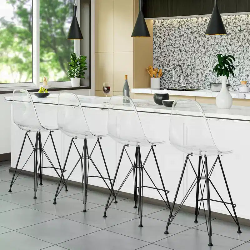 Sgabello da bar LeisureMod Cresco Mid-Century Modern in acrilico, altezza bancone, con base in acciaio nero, perfetto per cucina, sala da pranzo, bar o salotto