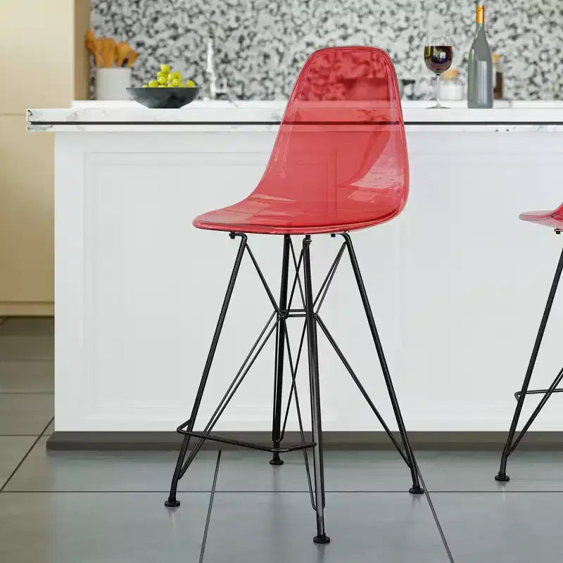 Sgabello da bar LeisureMod Cresco Mid-Century Modern in acrilico, altezza bancone, con base in acciaio nero, perfetto per cucina, sala da pranzo, bar o salotto