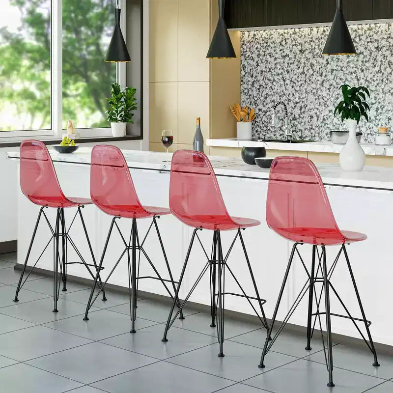 Sgabello da bar LeisureMod Cresco Mid-Century Modern in acrilico, altezza bancone, con base in acciaio nero, perfetto per cucina, sala da pranzo, bar o salotto