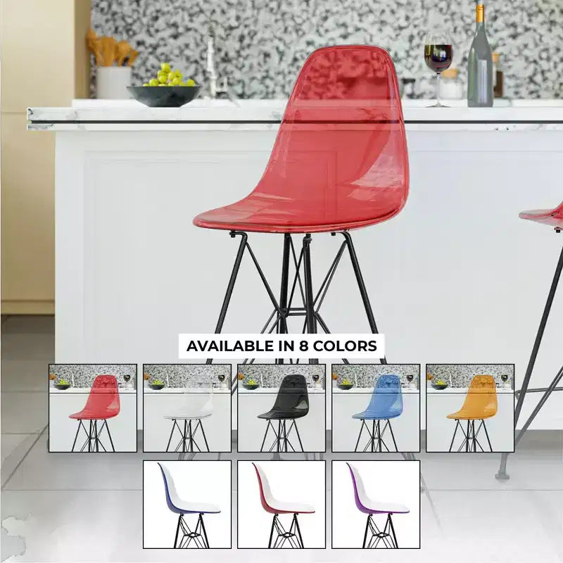 Sgabello da bar LeisureMod Cresco Mid-Century Modern in acrilico, altezza bancone, con base in acciaio nero, perfetto per cucina, sala da pranzo, bar o salotto