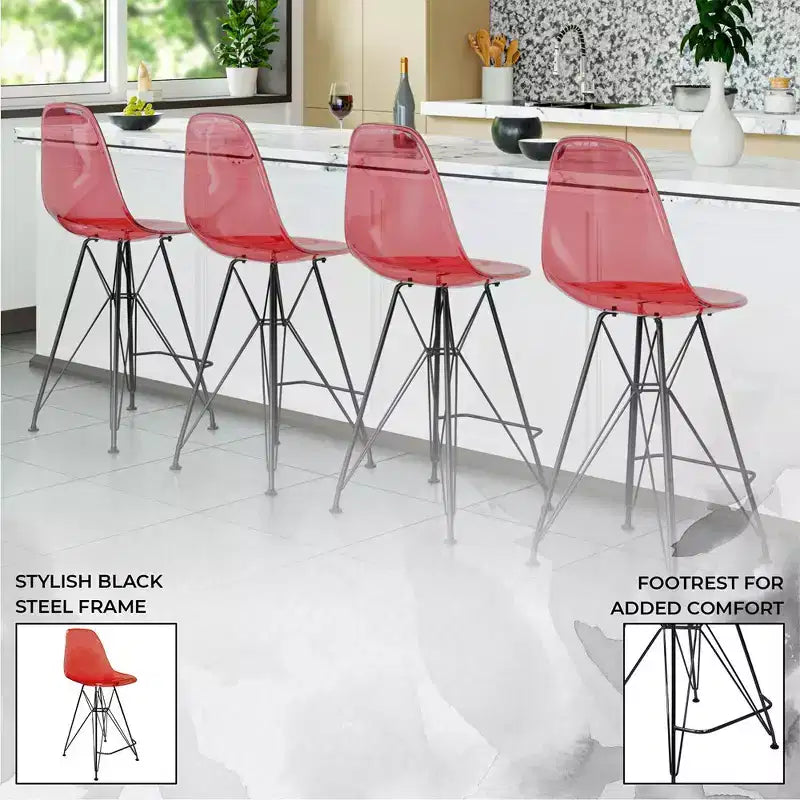Sgabello da bar LeisureMod Cresco Mid-Century Modern in acrilico, altezza bancone, con base in acciaio nero, perfetto per cucina, sala da pranzo, bar o salotto