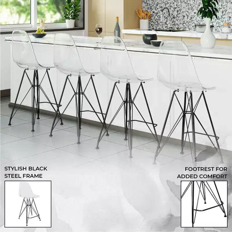 Sgabello da bar LeisureMod Cresco Mid-Century Modern in acrilico, altezza bancone, con base in acciaio nero, perfetto per cucina, sala da pranzo, bar o salotto