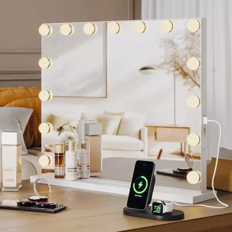 Specchio da trucco con luci - 15/17 lampadine LED, 3 modalità di colore, ricarica USB e Type-C, specchio cosmetico con controllo touch e specchio ingranditore 3X