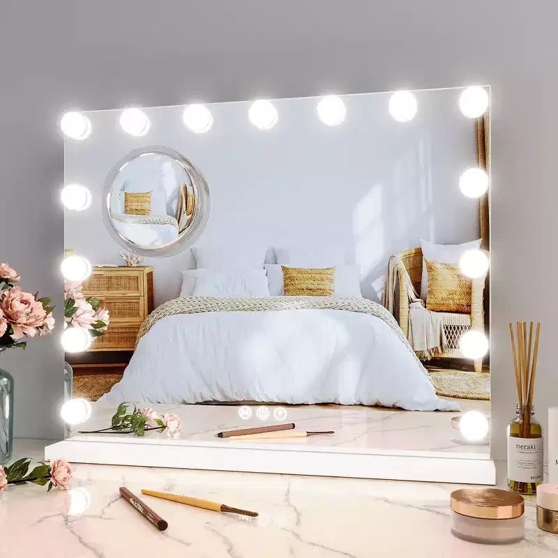 Specchio da trucco con luci - 15/17 lampadine LED, 3 modalità di colore, ricarica USB e Type-C, specchio cosmetico con controllo touch e specchio ingranditore 3X