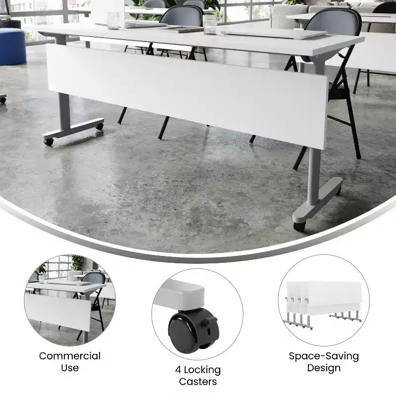 Tavolo per formazione Emma and Oliver impilabile con ribaltamento, resistente, con pannello privacy, gambe a T, piano del tavolo, struttura in metallo