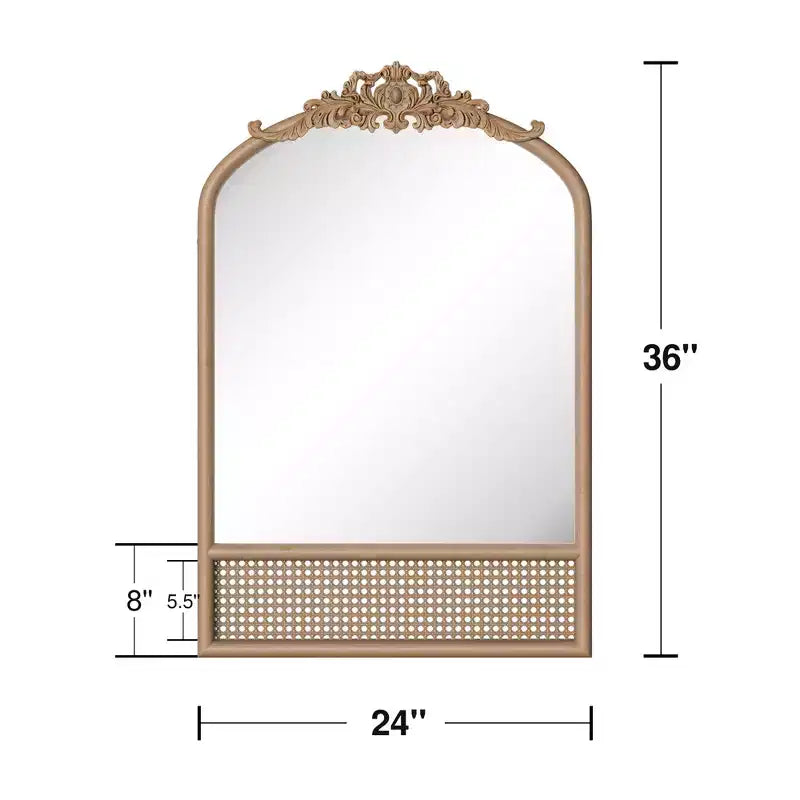 Specchio a Muro Decorativo in Legno Intagliato a Arco con Cornice Inferiore e Specchio Pensile in Rattan