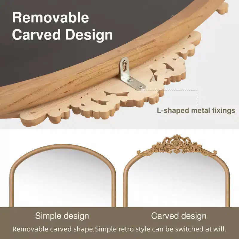 Specchio a Muro Decorativo in Legno Intagliato a Arco con Cornice Inferiore e Specchio Pensile in Rattan