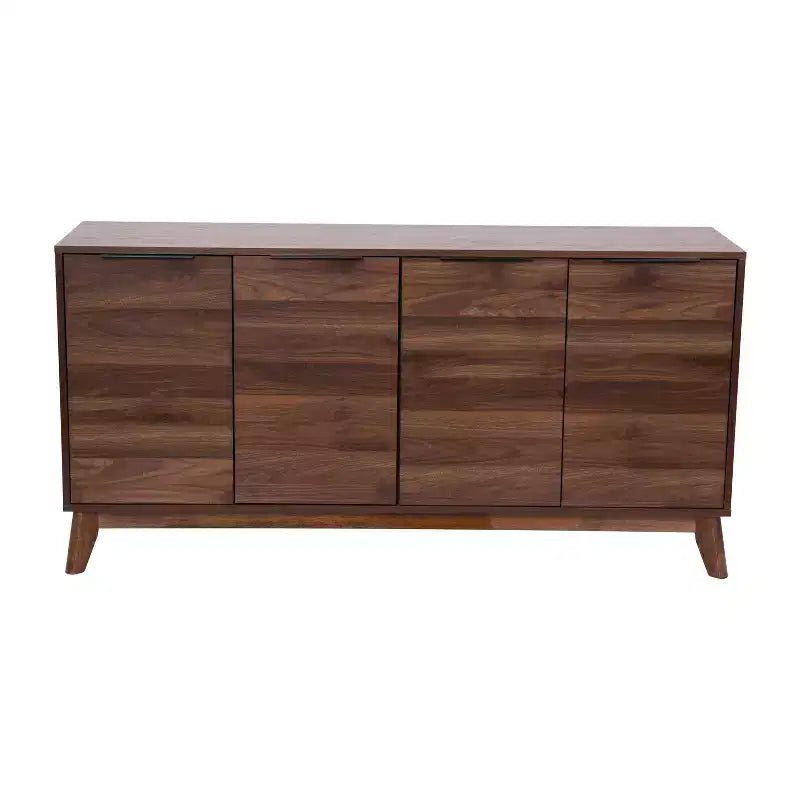 Madia in legno Emma e Oliver, stile Mid-Century Modern, con ante a chiusura ammortizzata, ripiani e gambe affusolate ed eleganti con pattini protettivi per il pavimento