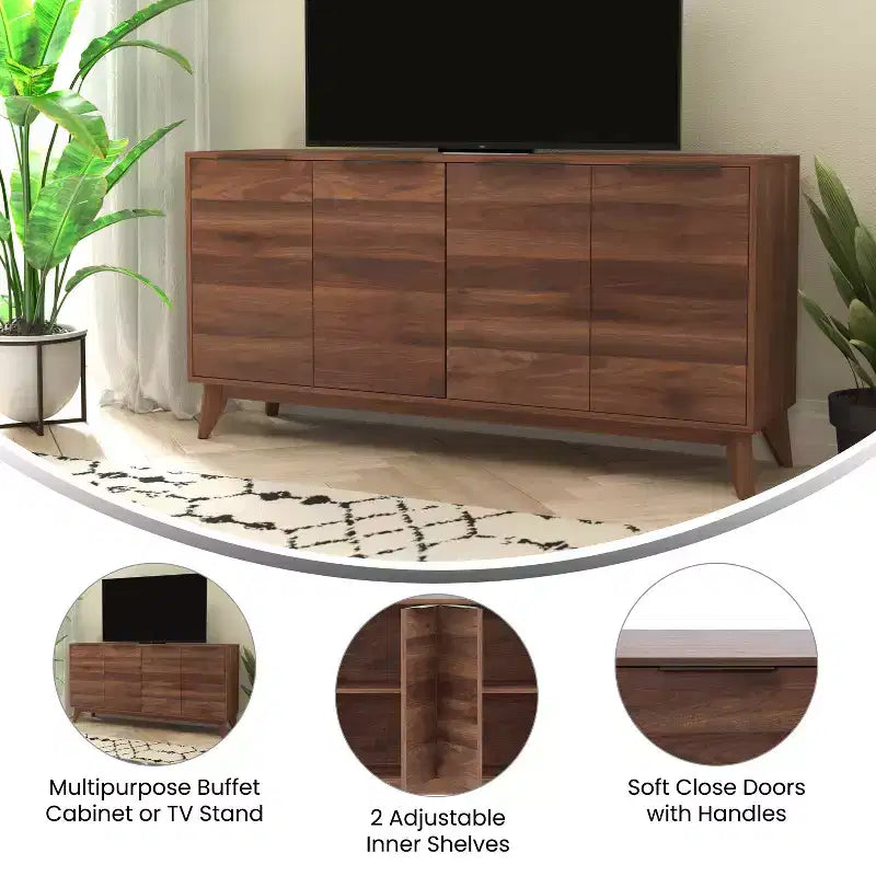 Madia in legno Emma e Oliver, stile Mid-Century Modern, con ante a chiusura ammortizzata, ripiani e gambe affusolate ed eleganti con pattini protettivi per il pavimento