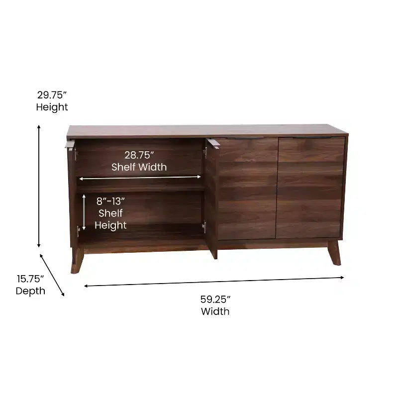 Madia in legno Emma e Oliver, stile Mid-Century Modern, con ante a chiusura ammortizzata, ripiani e gambe affusolate ed eleganti con pattini protettivi per il pavimento
