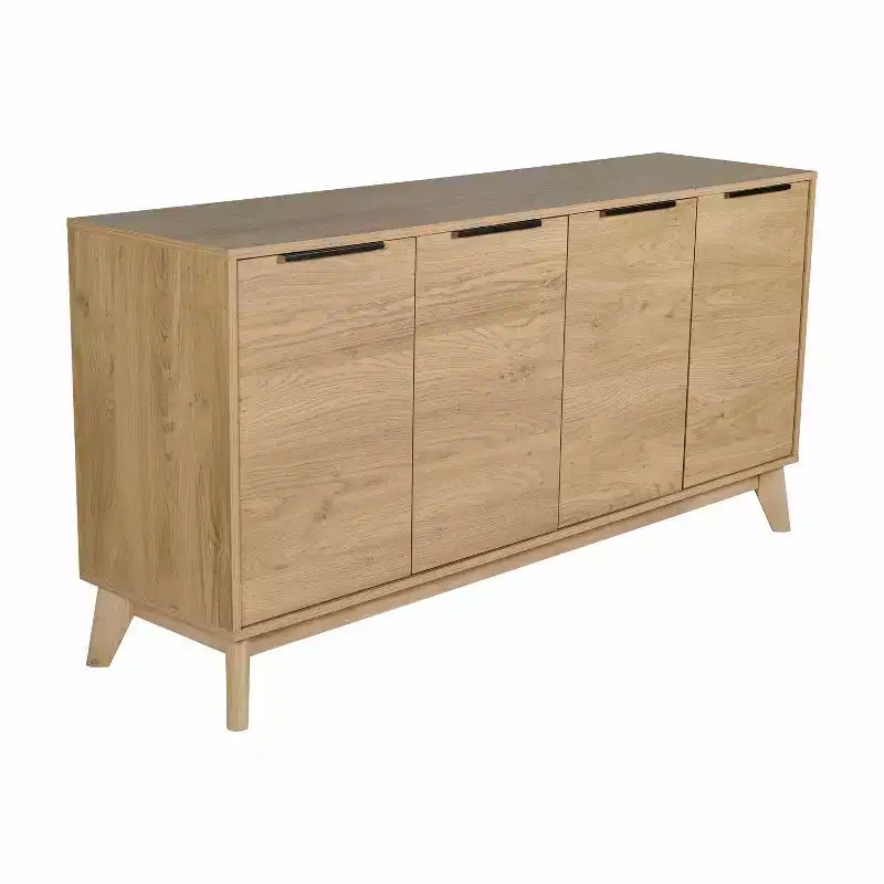 Madia in legno Emma e Oliver, stile Mid-Century Modern, con ante a chiusura ammortizzata, ripiani e gambe affusolate ed eleganti con pattini protettivi per il pavimento