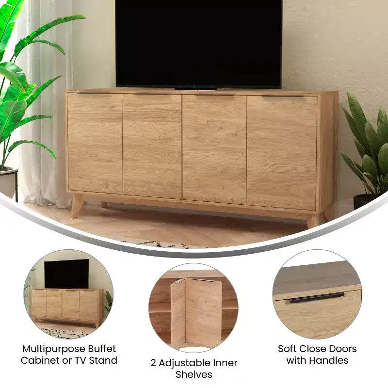 Madia in legno Emma e Oliver, stile Mid-Century Modern, con ante a chiusura ammortizzata, ripiani e gambe affusolate ed eleganti con pattini protettivi per il pavimento