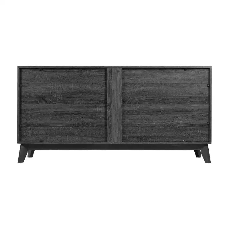 Madia in legno Emma e Oliver, stile Mid-Century Modern, con ante a chiusura ammortizzata, ripiani e gambe affusolate ed eleganti con pattini protettivi per il pavimento