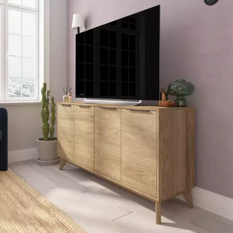 Madia in legno Emma e Oliver, stile Mid-Century Modern, con ante a chiusura ammortizzata, ripiani e gambe affusolate ed eleganti con pattini protettivi per il pavimento