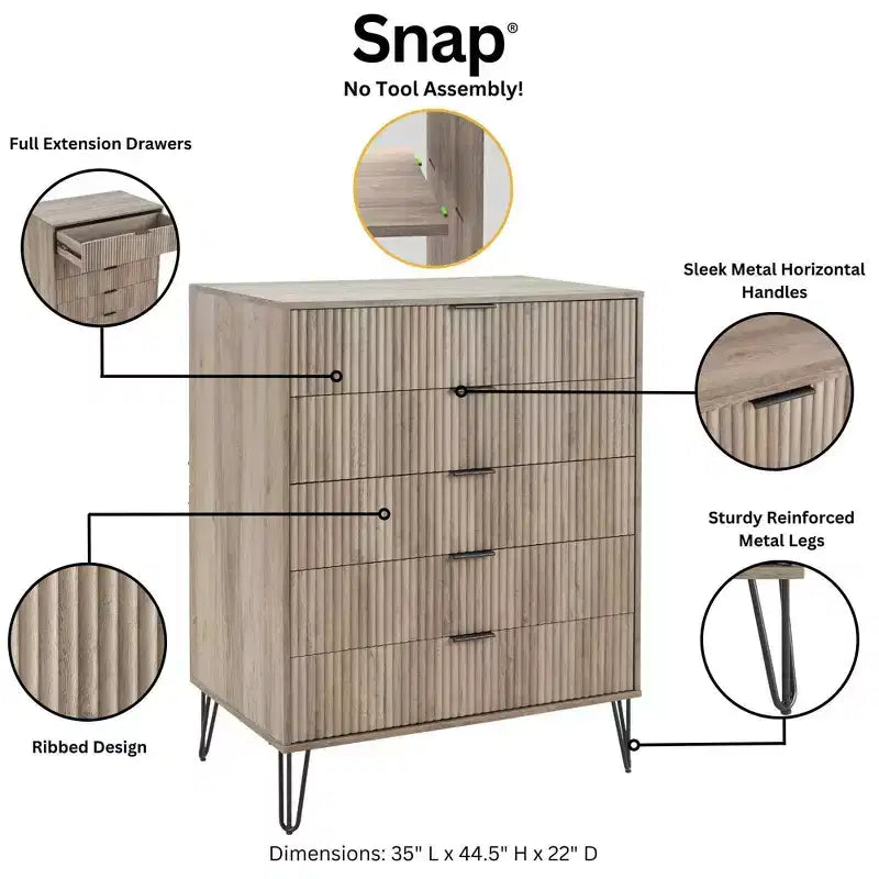 Manhattan Comfort Dumbo Set Comò Moderno a 5 Cassetti e Comodino a 2 Cassetti, 2 Pezzi