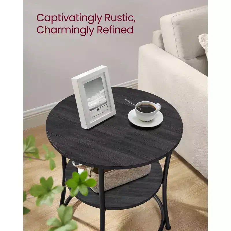 VASAGLE Tavolino Rotondo con 2 Ripiani, Tavolino da Caffè da Esterno Grigio Antracite e Nero Inchiostro