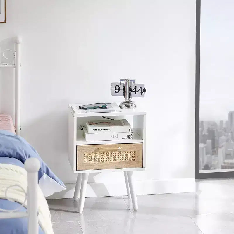 Mid-Century Modern Nightstand,15.75 Rattan Night Stands with Power Outlet & USB Ports,Drawer Solid Wood Legs, Bedroom Night Stand