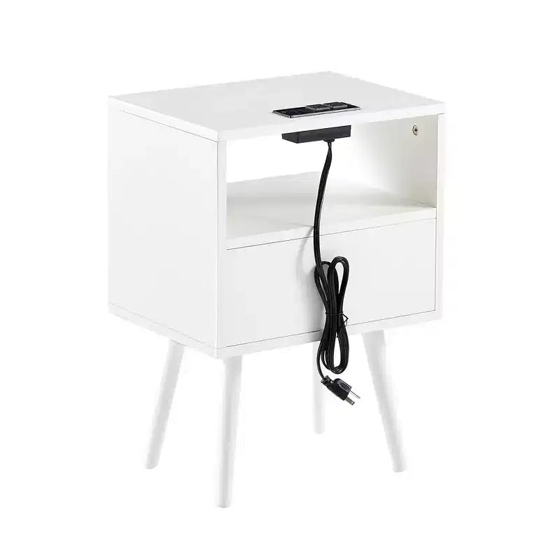 Comodino moderno di metà secolo, comodini in rattan da 15,75 pollici con presa di corrente e porte USB, gambe in legno massello con cassetto, comodino per camera da letto