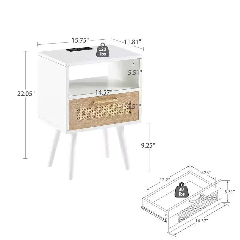Comodino moderno di metà secolo, comodini in rattan da 15,75 pollici con presa di corrente e porte USB, gambe in legno massello con cassetto, comodino per camera da letto