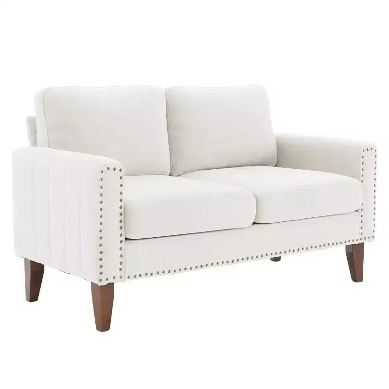 Hyleory Divanetto a Due Posti da 146 cm in Lino Imbottito con Chiodi Decorativi e Gambe in Legno Massello