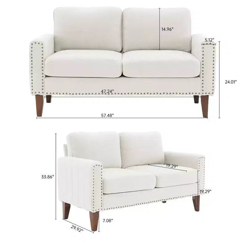 Hyleory Divanetto a Due Posti da 146 cm in Lino Imbottito con Chiodi Decorativi e Gambe in Legno Massello