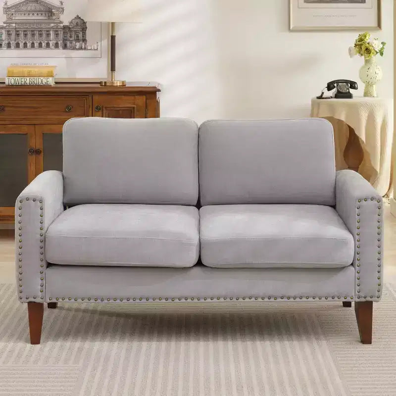 Hyleory Divanetto a Due Posti da 146 cm in Lino Imbottito con Chiodi Decorativi e Gambe in Legno Massello