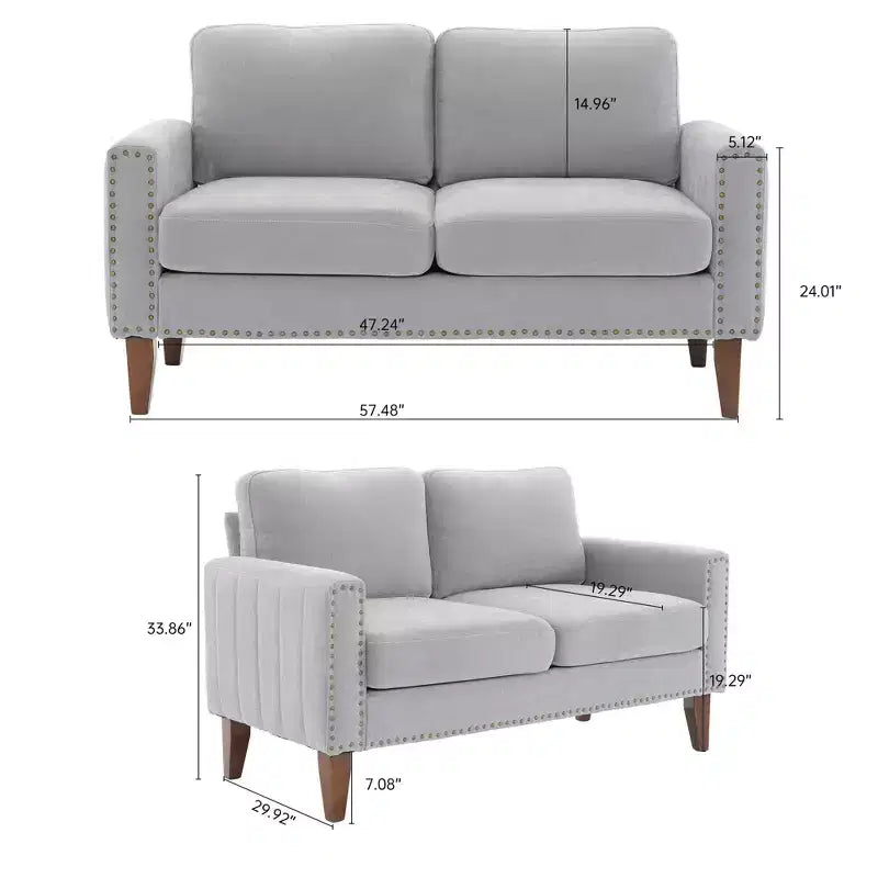 Hyleory Divanetto a Due Posti da 146 cm in Lino Imbottito con Chiodi Decorativi e Gambe in Legno Massello