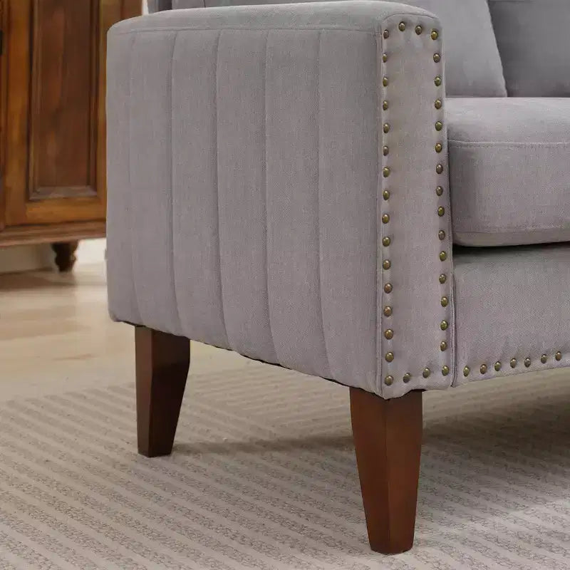 Hyleory Divanetto a Due Posti da 146 cm in Lino Imbottito con Chiodi Decorativi e Gambe in Legno Massello