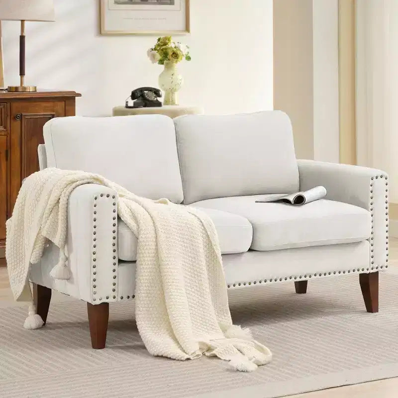 Hyleory Divanetto a Due Posti da 146 cm in Lino Imbottito con Chiodi Decorativi e Gambe in Legno Massello
