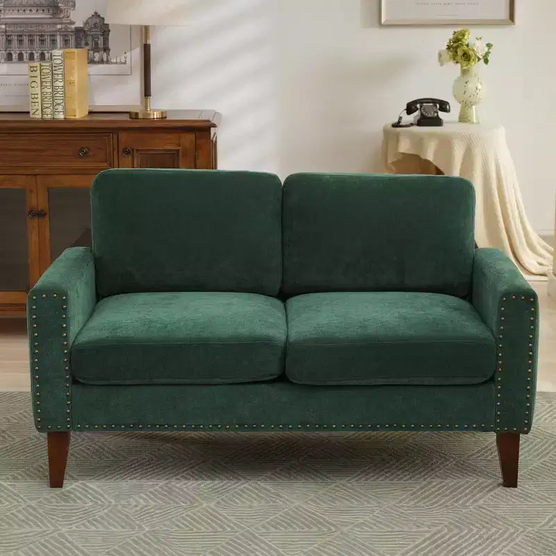 Hyleory Divanetto a Due Posti da 146 cm in Lino Imbottito con Chiodi Decorativi e Gambe in Legno Massello