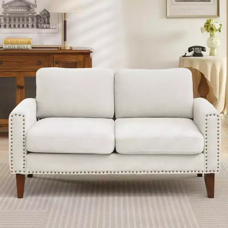 Hyleory Divanetto a Due Posti da 146 cm in Lino Imbottito con Chiodi Decorativi e Gambe in Legno Massello