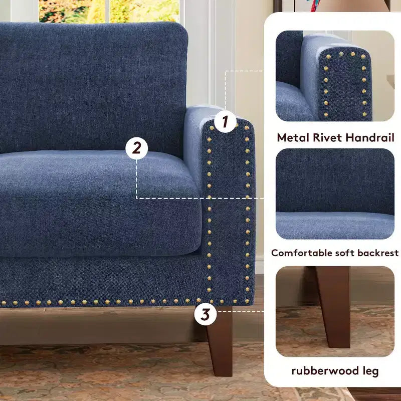 Hyleory Divanetto a Due Posti da 146 cm in Lino Imbottito con Chiodi Decorativi e Gambe in Legno Massello