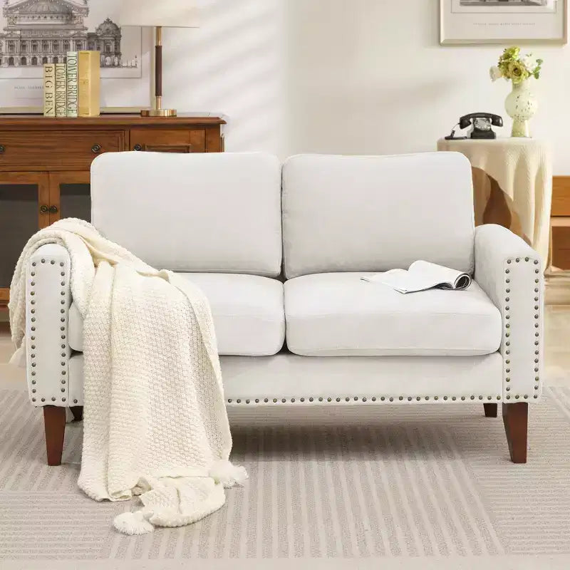 Hyleory Divanetto a Due Posti da 146 cm in Lino Imbottito con Chiodi Decorativi e Gambe in Legno Massello