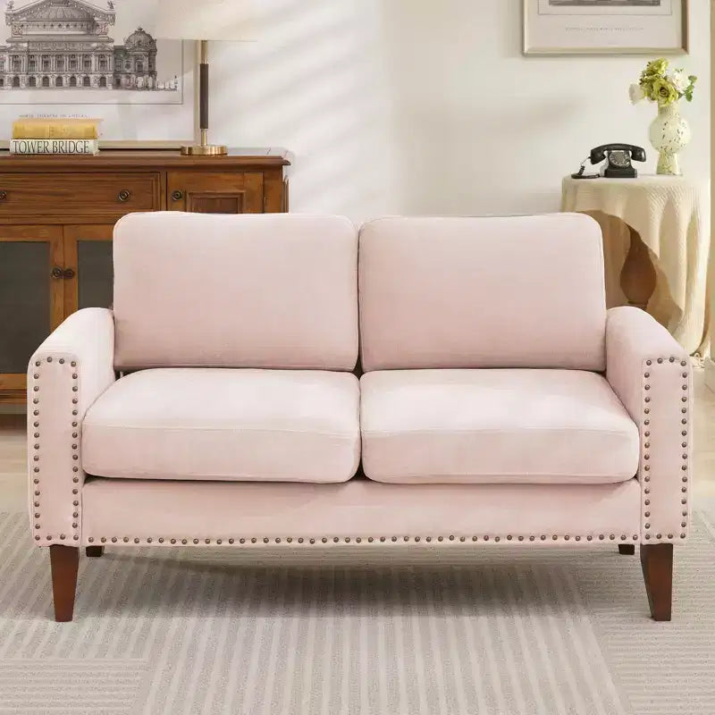 Hyleory Divanetto a Due Posti da 146 cm in Lino Imbottito con Chiodi Decorativi e Gambe in Legno Massello