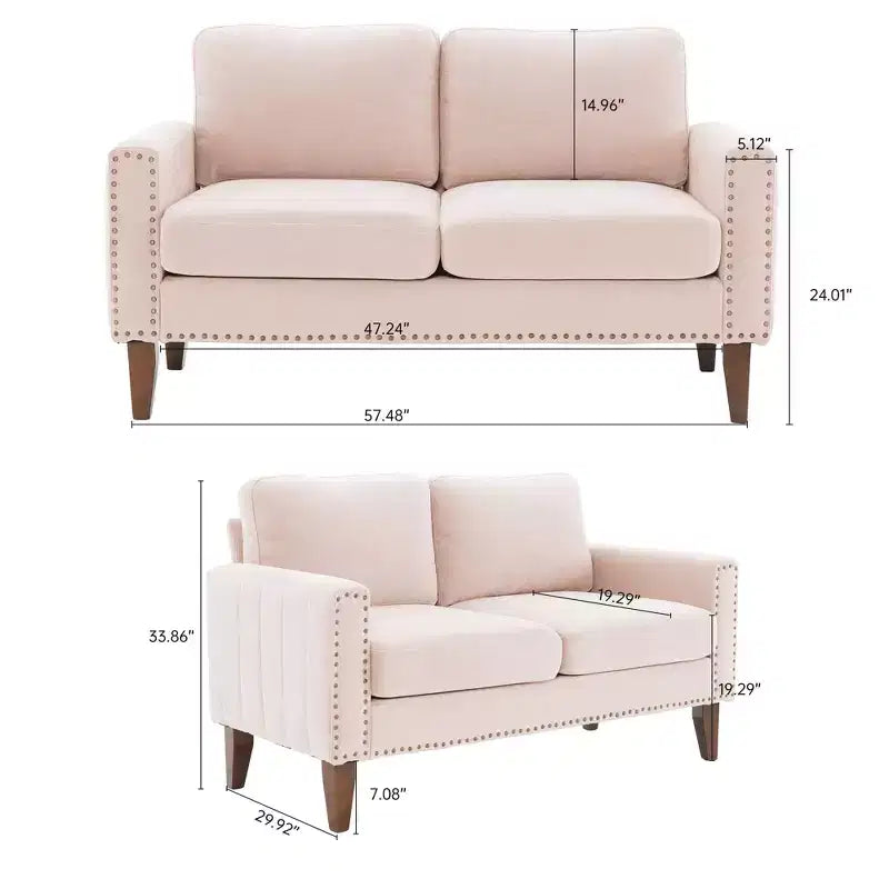 Hyleory Divanetto a Due Posti da 146 cm in Lino Imbottito con Chiodi Decorativi e Gambe in Legno Massello