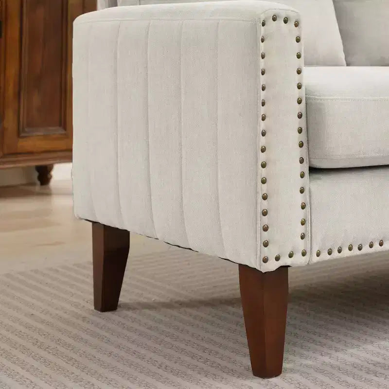 Hyleory Divanetto a Due Posti da 146 cm in Lino Imbottito con Chiodi Decorativi e Gambe in Legno Massello